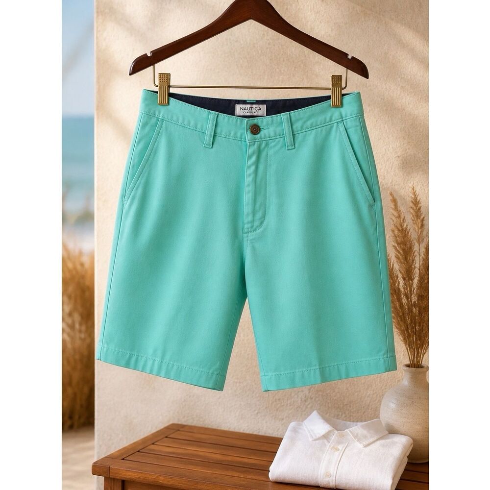 Nautica Men’s Seafoam Flat-Front Chino Classic Fit Shorts